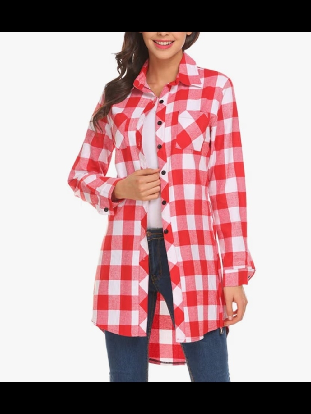 HOTOUCH Red & White Buffalo Plaid Flannel Button-Up Tunic Tie Waist Shirt Size M